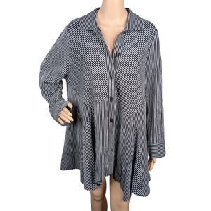 Moonlight Y&S Black White Striped Lagenlook Asymmetric Button Down Tunic SZ XL